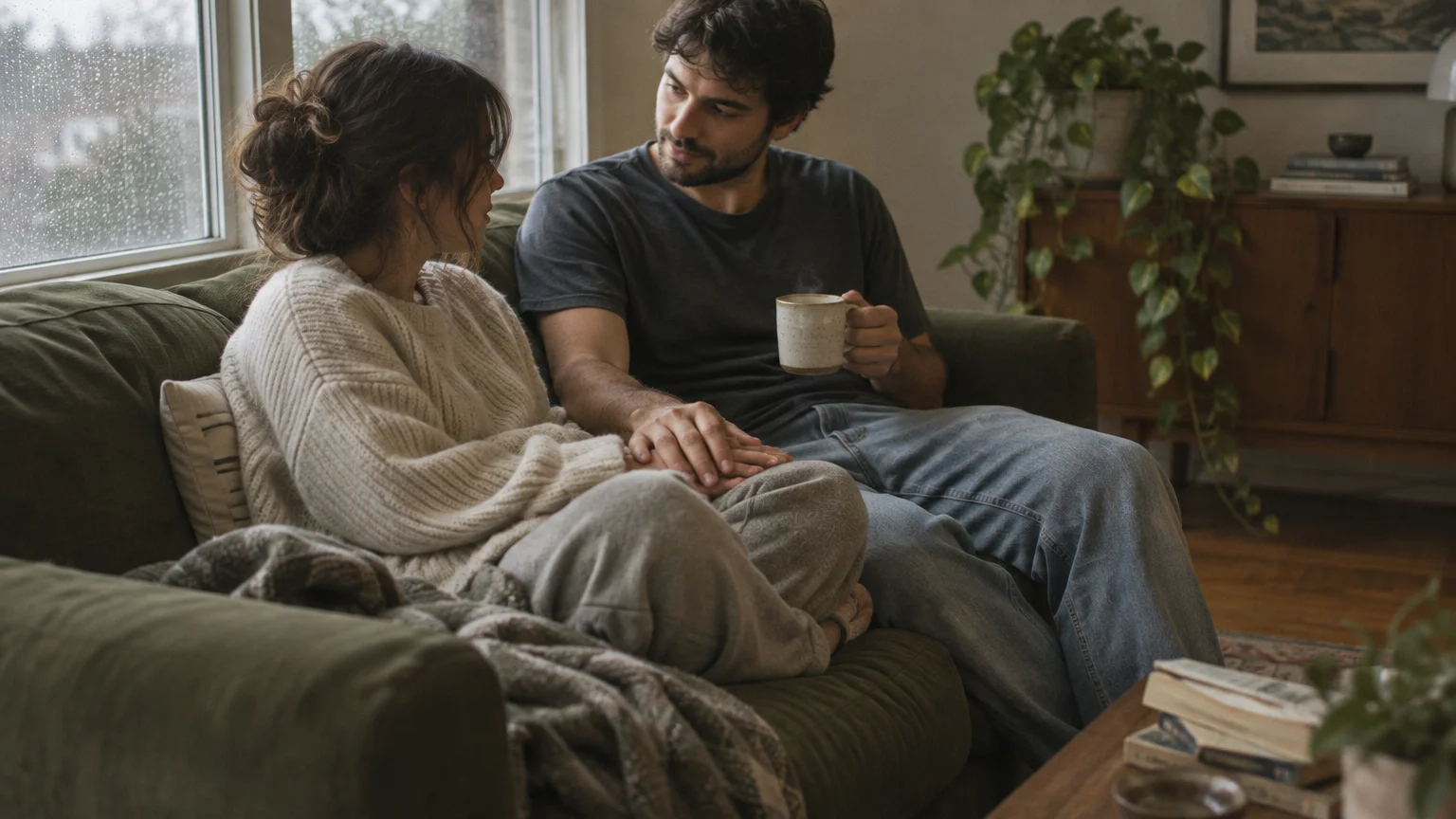 A man and woman sit together on a green couch by a rainy window, holding hands while the man holds a coffee mug.