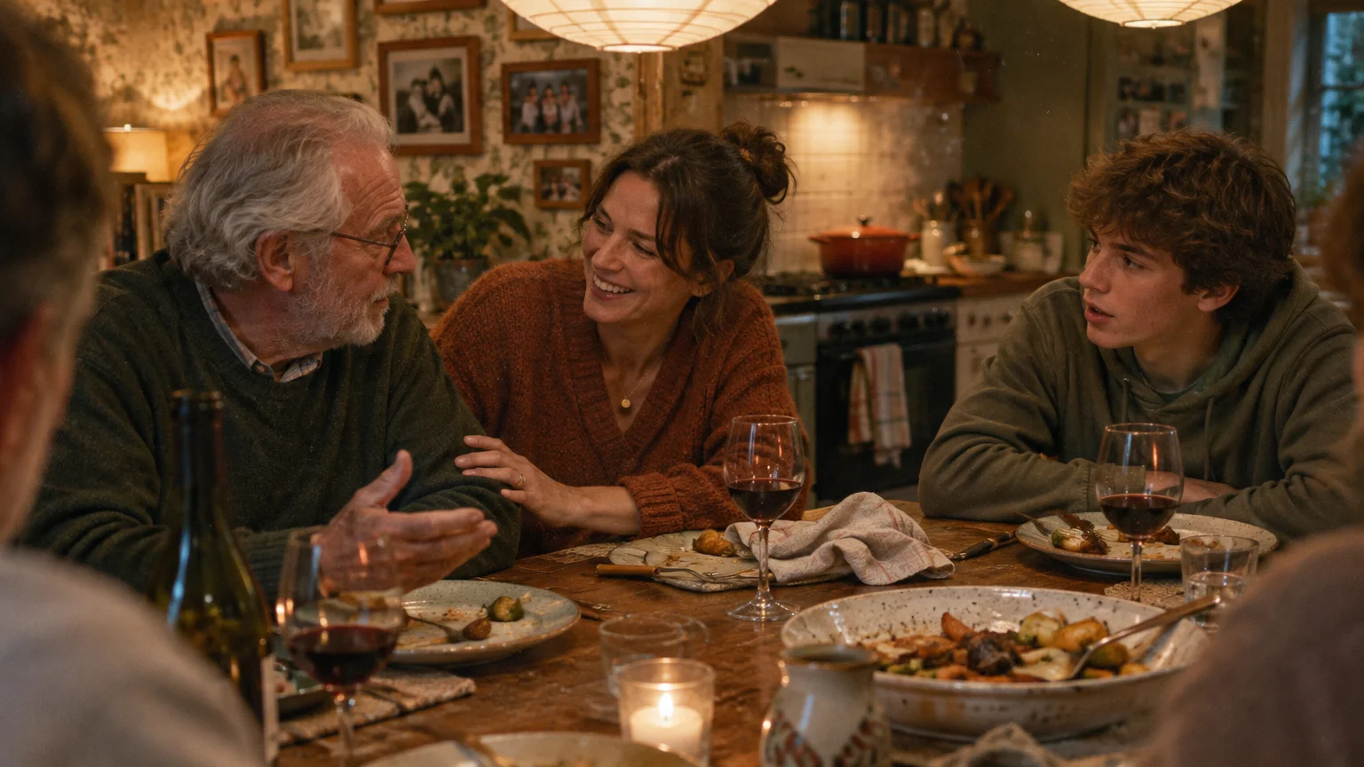 A smiling woman, older man, and young man talk around a cozy rustic dining table filled with food and wine.