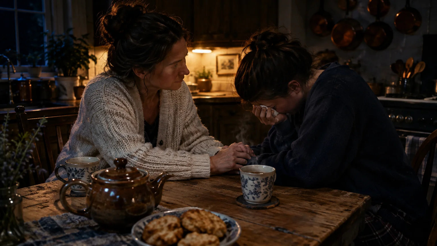 A woman comforts a crying woman holding a tissue at a rustic wooden kitchen table set with tea and cookies.
