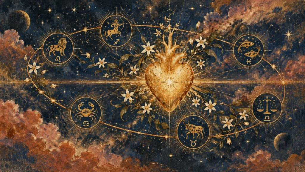 Golden celestial heart surrounded by six zodiac medallions, flowering vines, and stars against a cloudy cosmic sky.