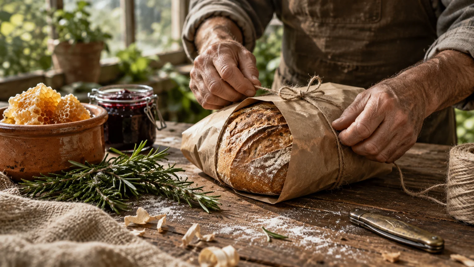 Hands wrapping a fresh loaf of artisan bread with brown paper and twine beside honeycomb, jam, and rosemary.