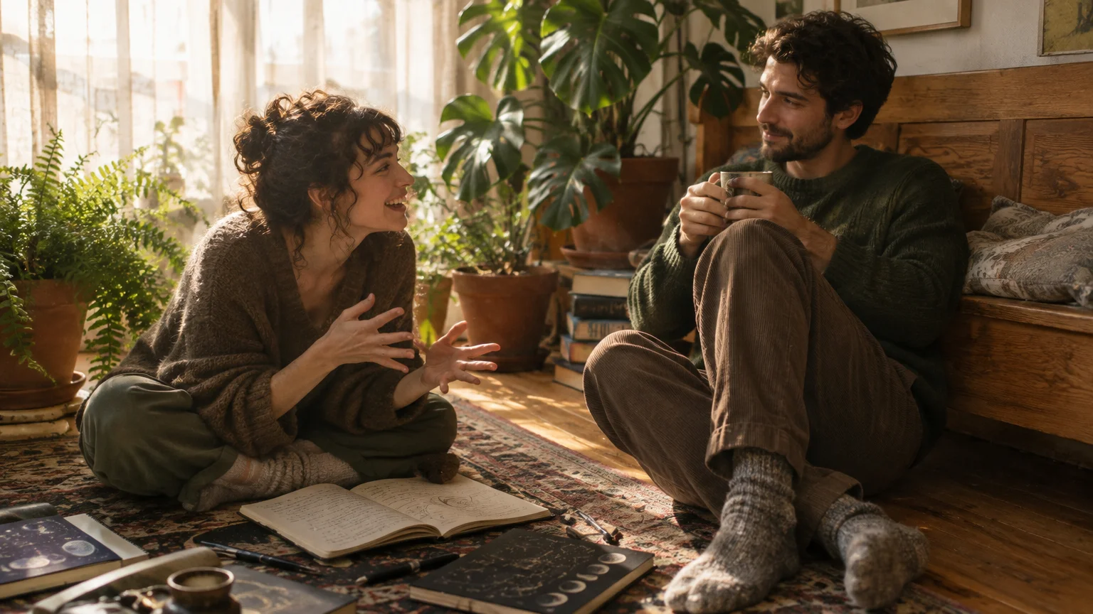 A smiling woman talks and gestures while sitting on a rug with notebooks beside a man holding a mug among house plants.