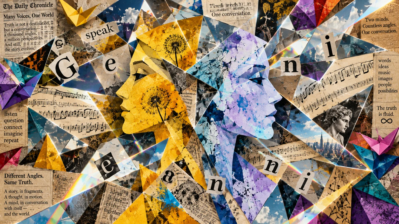 Mixed-media collage of two geometric profile faces in yellow and purple surrounded by cut newspaper text and sheet music.