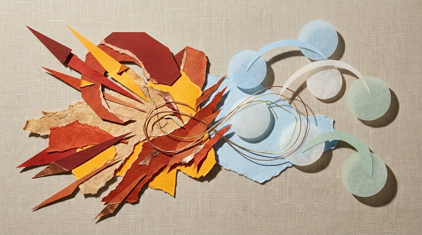 Cut-paper collage of sharp warm-toned spikes on the left meeting soft blue and green circles with curved arcs on the right.