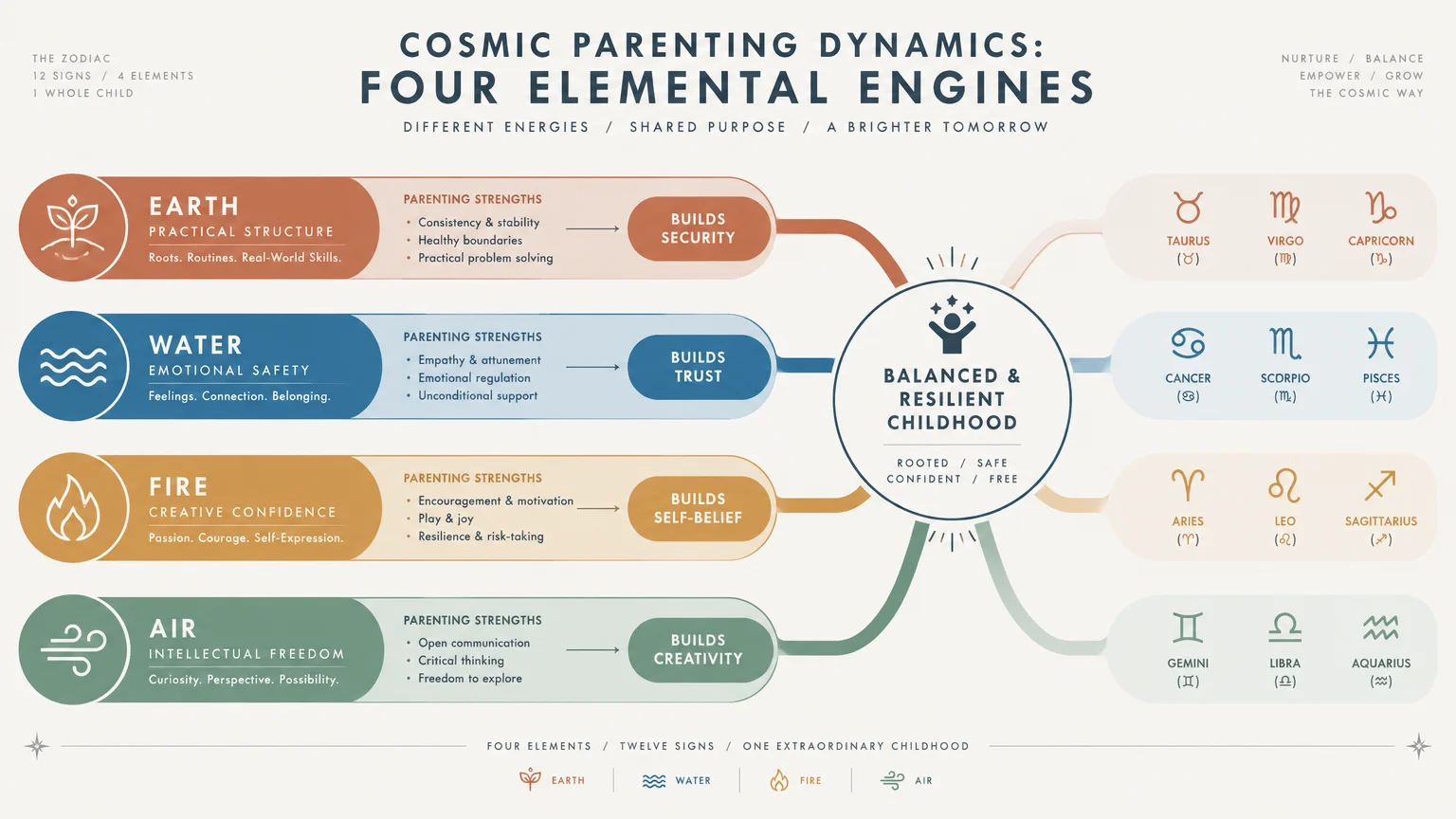 Infographic charting the four zodiac elements, their parenting strengths, and zodiac signs leading to a balanced childhood.