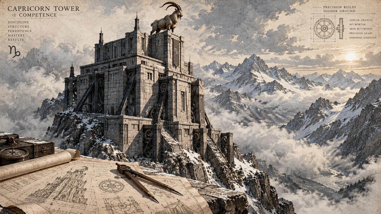 Illustration of a stone fortress on a snowy mountain peak with blueprints, compass, and goat statue atop the tower.