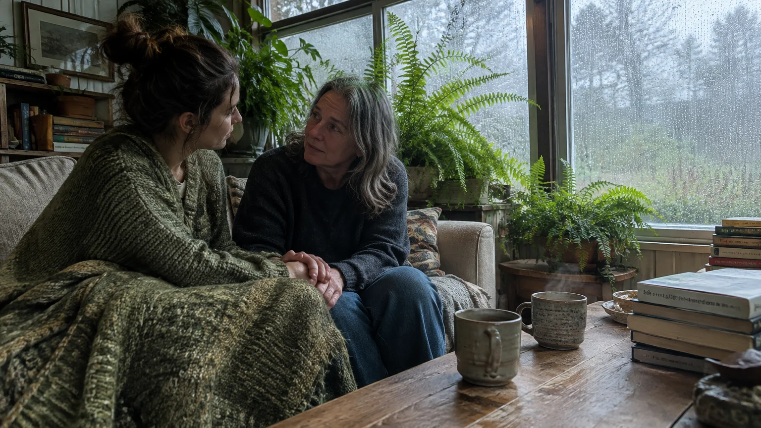 Two women sit on a sofa holding hands and conversing indoors beside a rainy window surrounded by houseplants.