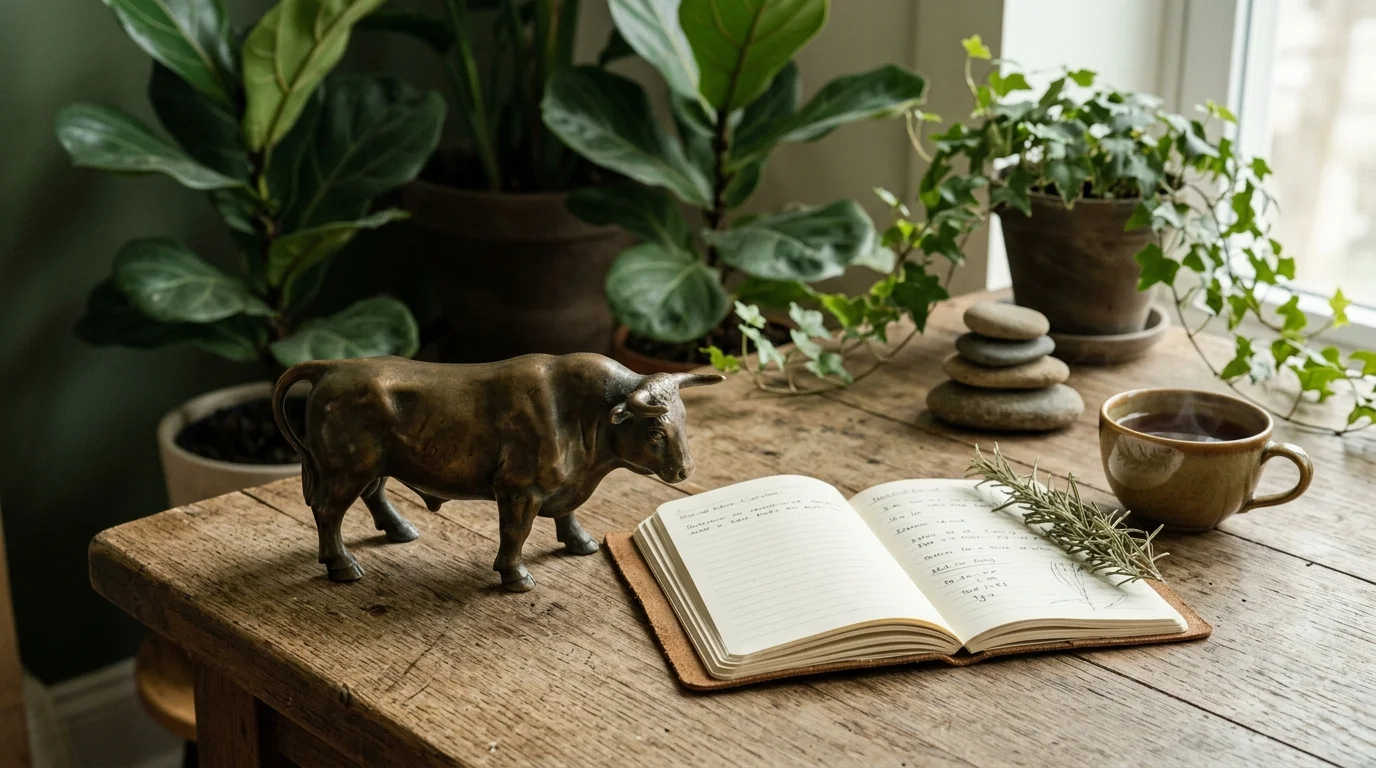 Bronze bull figurine standing on a wooden table beside an open journal, stacked stones, a cup of tea, and house plants.