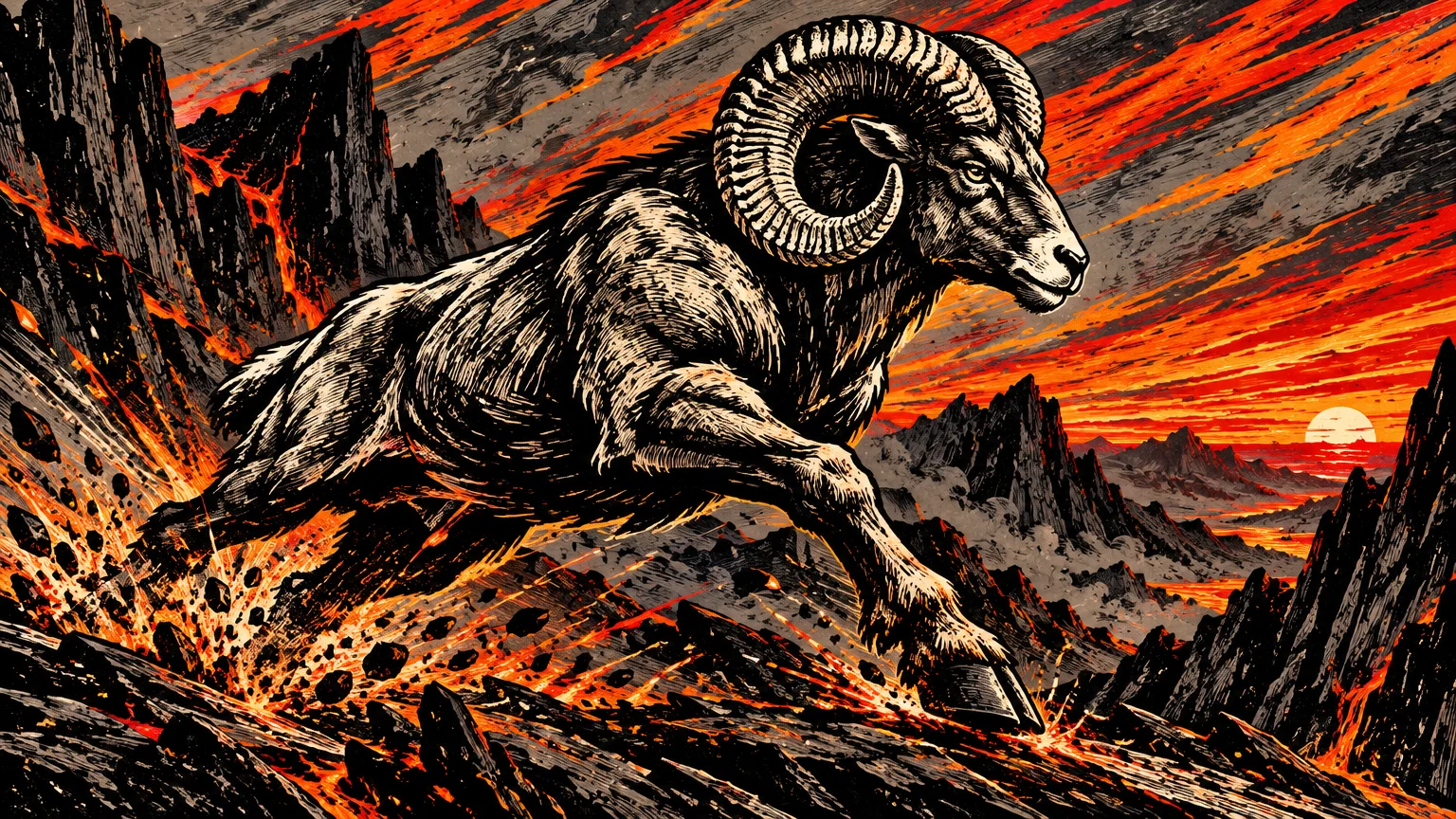 A horned ram charges down a rugged, volcanic mountain against a fiery red and orange sunset.