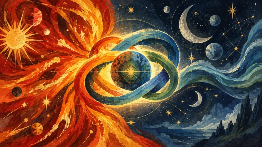 Celestial illustration of fiery solar energy on the left meeting cool, calm lunar night skies and ocean waves on the right.
