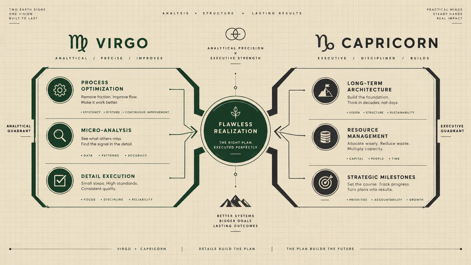 Diagram linking Virgo's analytical quadrant and Capricorn's executive quadrant into a central circle for flawless realization.