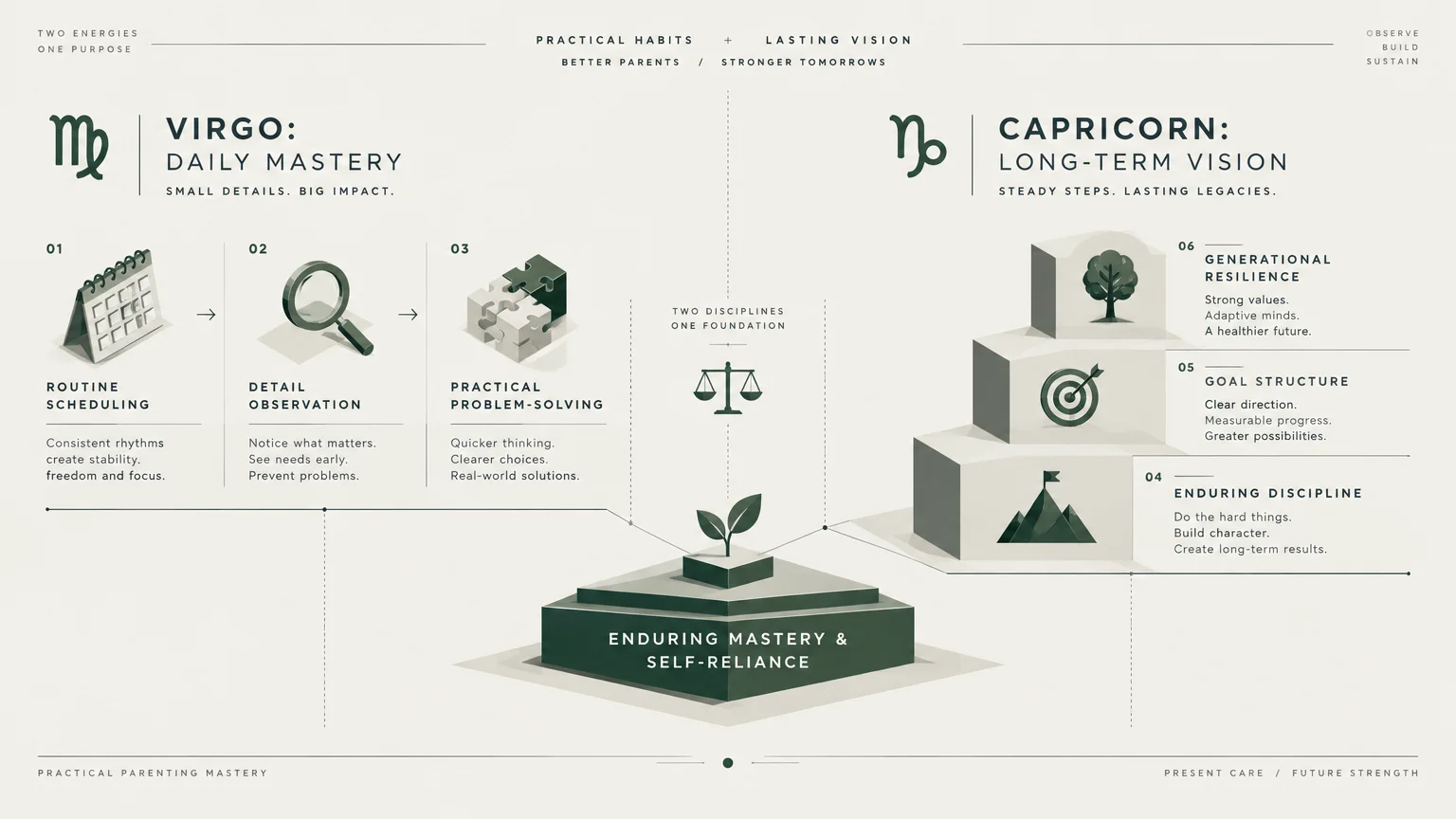 Infographic comparing Virgo daily mastery habits with Capricorn long-term vision steps feeding a central seedling base.