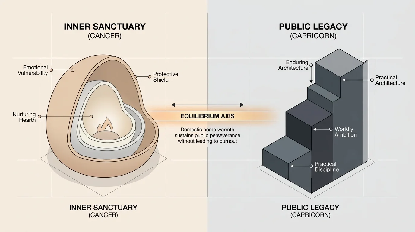 Diagram contrasting Cancer's nested inner sanctuary with Capricorn's stepped architectural block along an equilibrium axis.