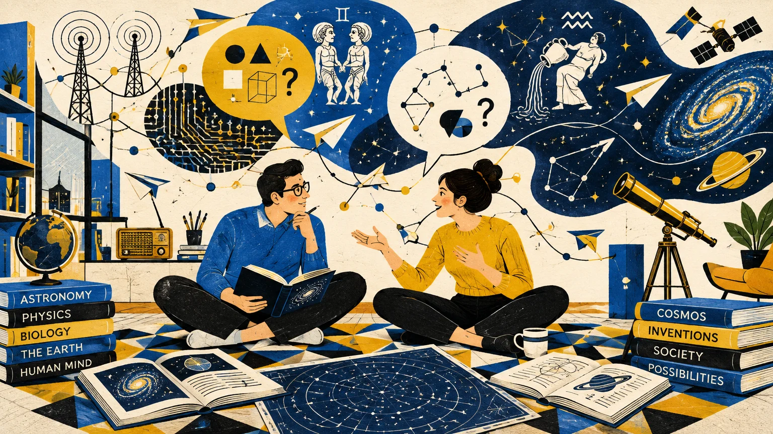 Illustration of a man and woman conversing on a floor covered in science books, star charts, and cosmic motifs.