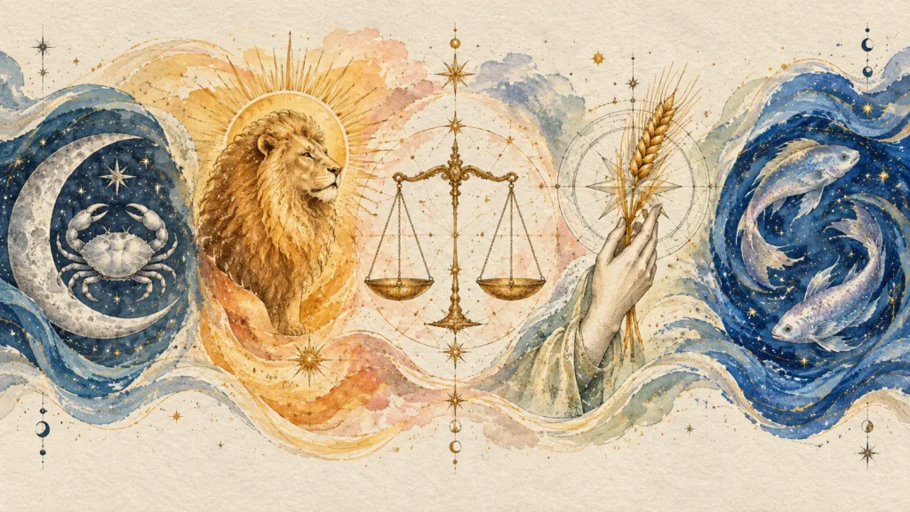 Horizontal watercolor illustration depicting zodiac symbols including a crab, lion, balance scales, wheat, and fish.