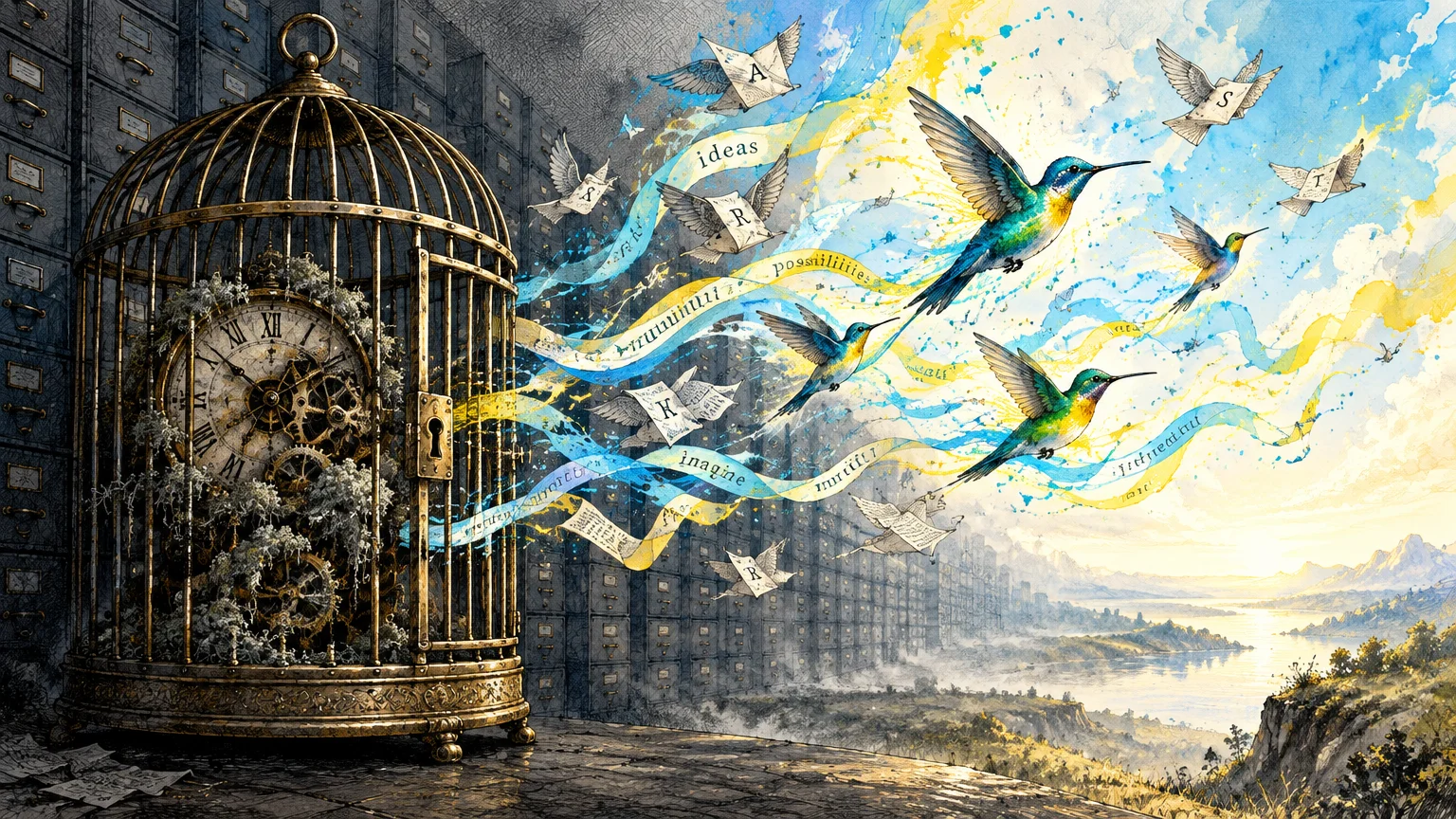 Illustration of colorful hummingbirds and winged letters escaping an open birdcage containing an old clock mechanism.