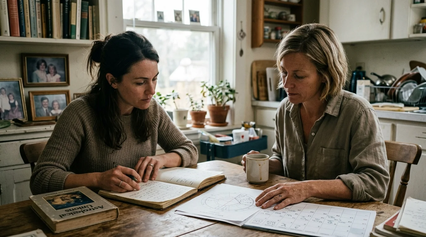 Two women sitting at a wooden kitchen table studying a printed astrological chart, calendar, notebook, and book.