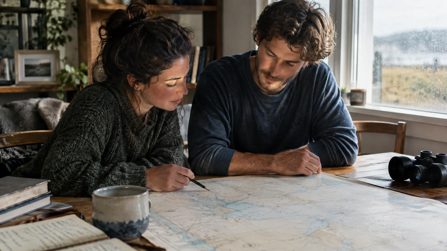 A man and woman lean over a large paper map spread across a wooden table indoors near a window.