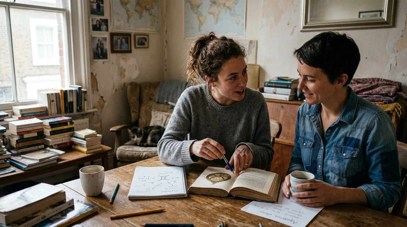 Two women study books and notes together at a wooden table in a sunlit room filled with stacked books.