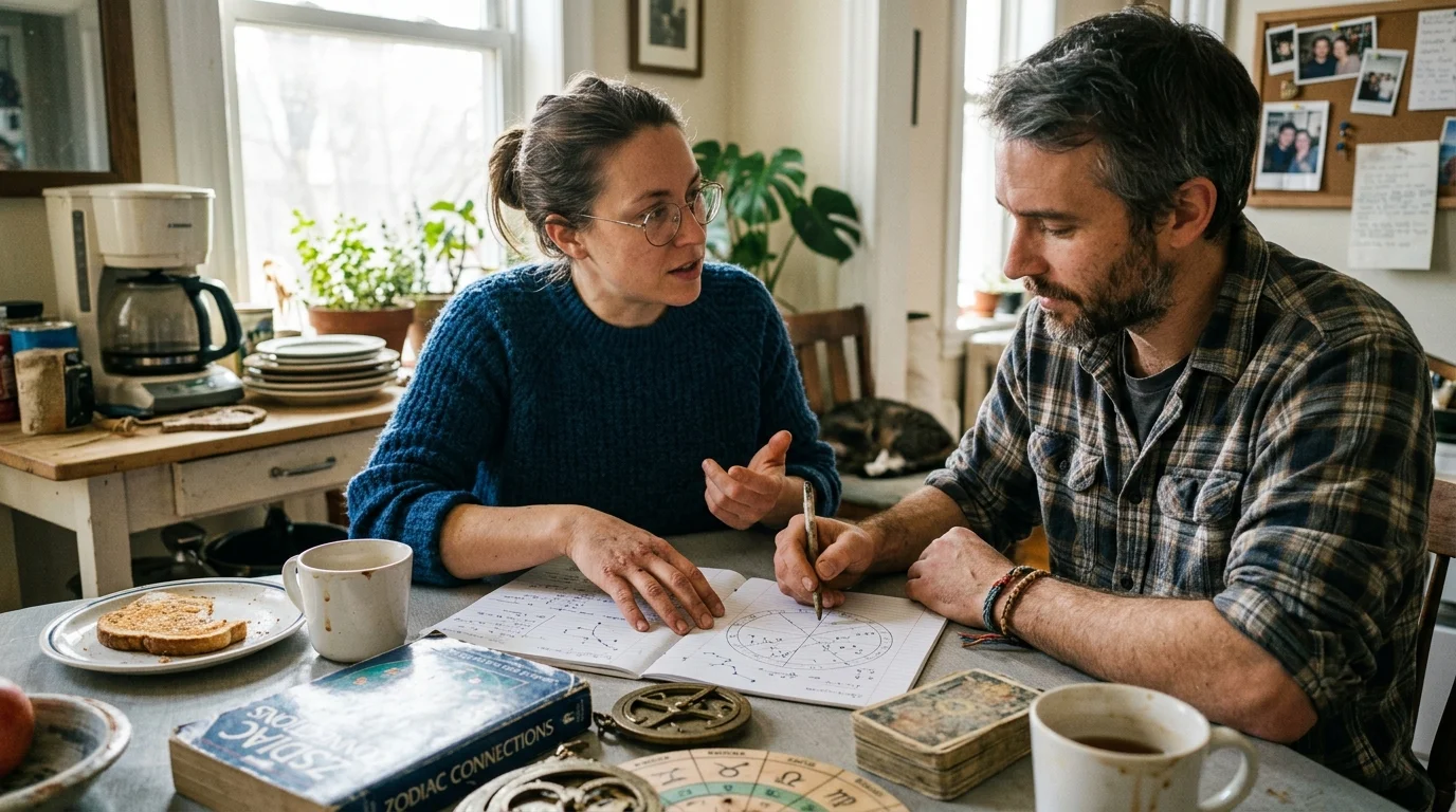 A man and woman sit at a kitchen table studying an open notebook with an astrology chart alongside books and tarot cards.
