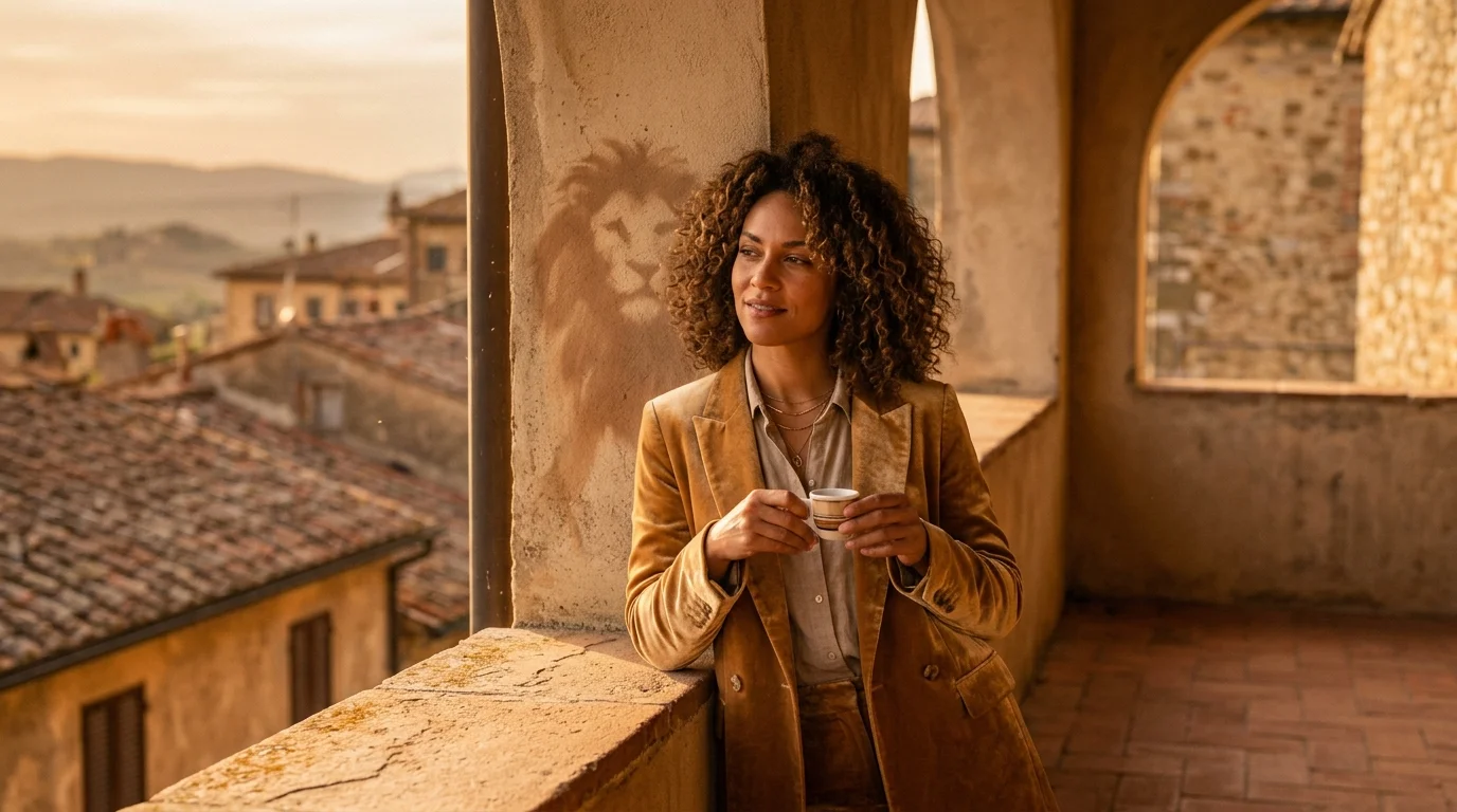 A woman in a golden-brown blazer drinks coffee on a terrace near a lion stencil on a sunlit wall.