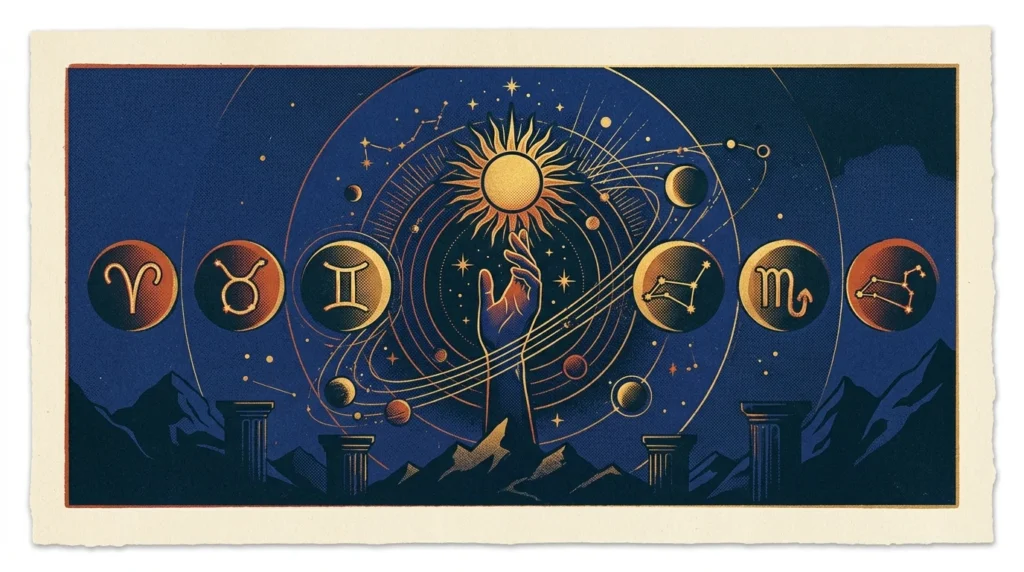 Celestial illustration of a hand reaching toward a radiant sun surrounded by orbiting planets, columns, and zodiac icons.
