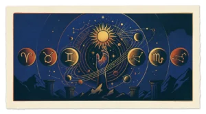 Celestial illustration of a hand reaching toward a radiant sun surrounded by orbiting planets, columns, and zodiac icons.