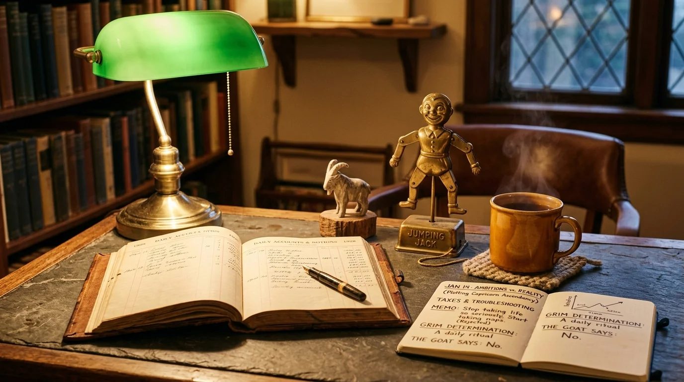Desk with an open ledger, green banker's lamp, steaming mug, goat figurine, jumping jack toy, and notebook in a study.