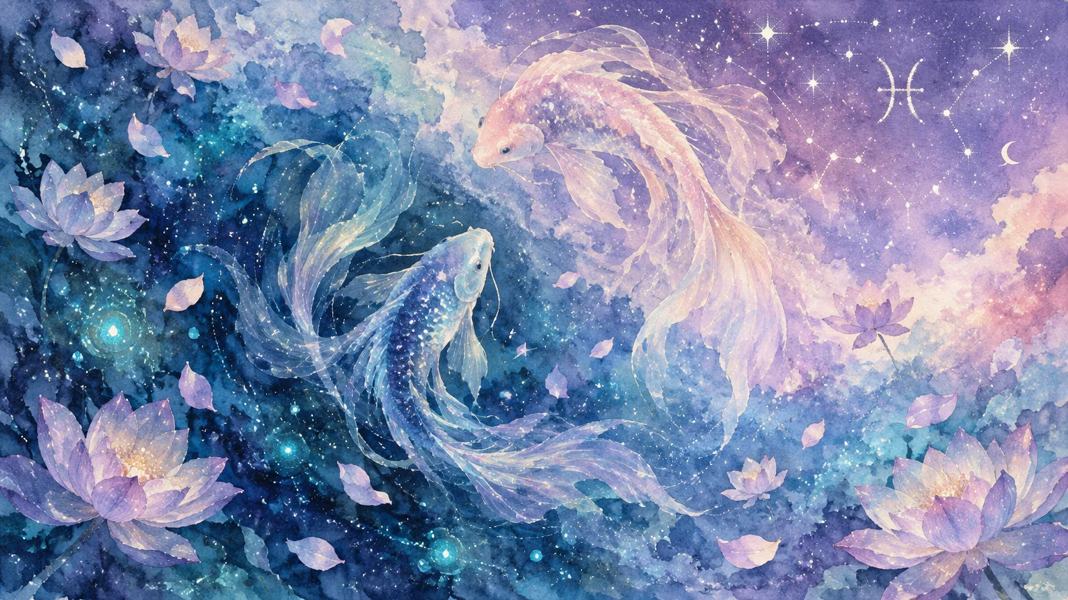 Watercolor illustration of two glowing koi fish swimming among water lilies beneath the Pisces constellation and night sky.