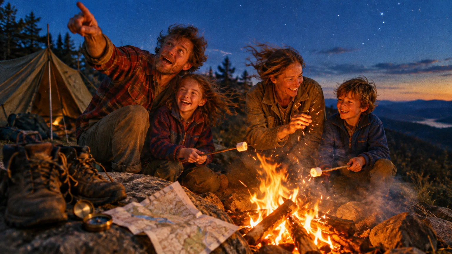 Family roasting marshmallows around a campsite fire at dusk, while the father points toward the starry sky.