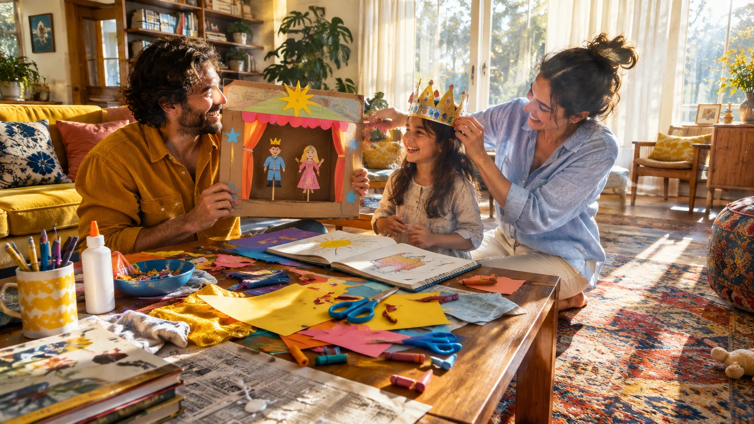 Parents play with their young daughter, putting a paper crown on her head beside a homemade cardboard puppet theater.
