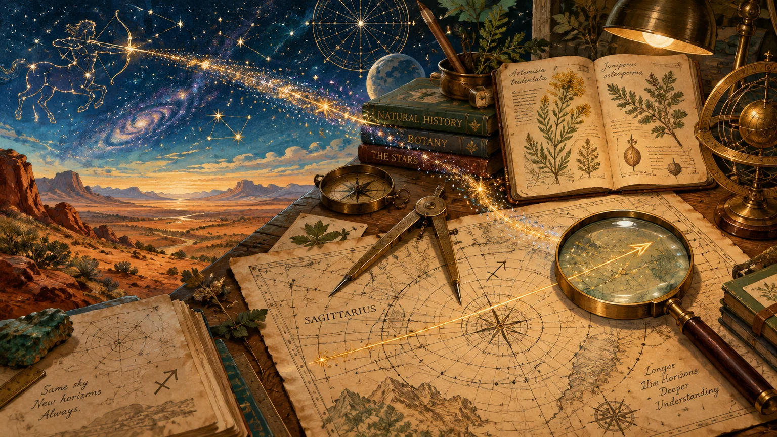 An explorer's desk with maps, compass, botany books, and a view of a starry desert landscape with a centaur constellation.