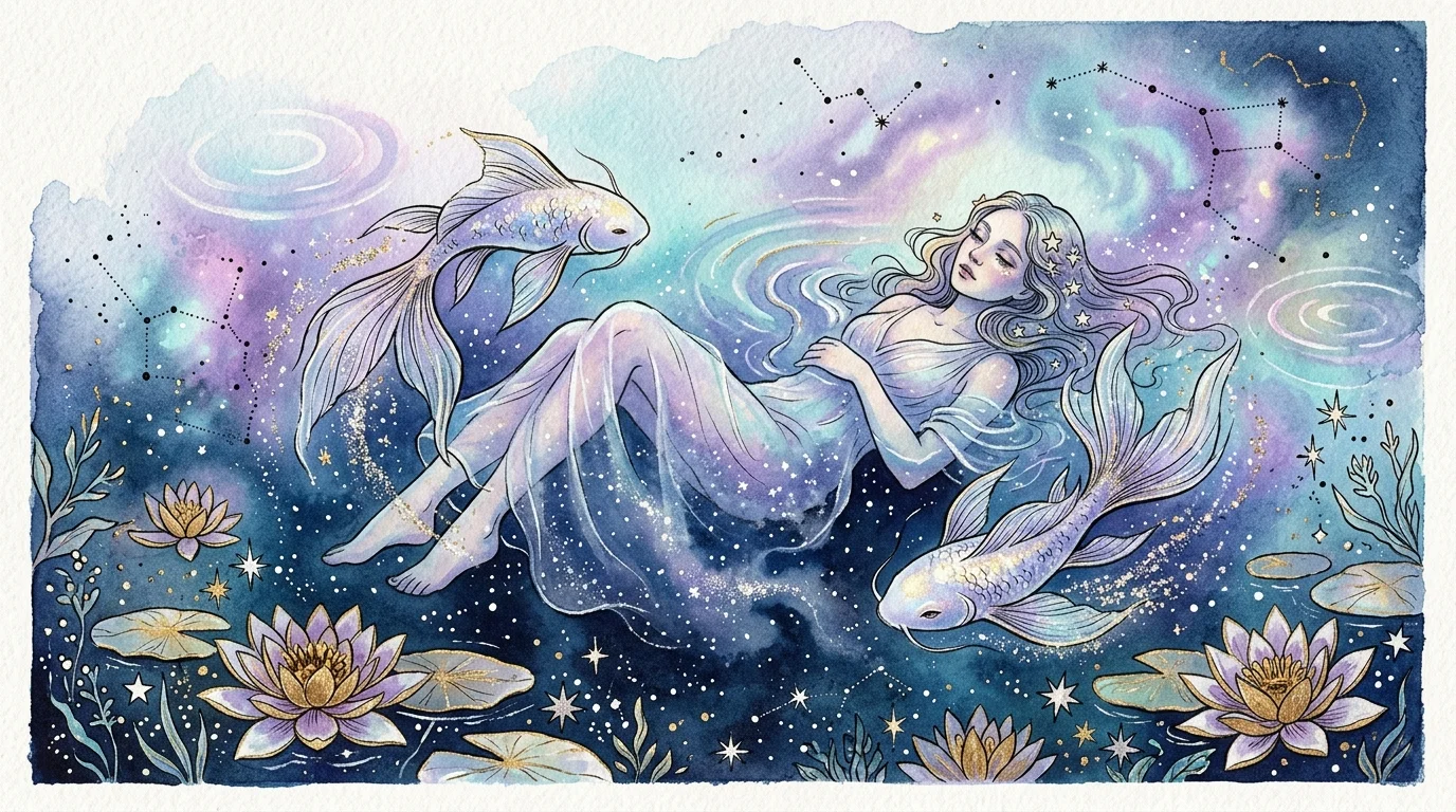 Watercolor illustration of a woman floating in cosmic water with two koi fish, water lilies, and constellations.