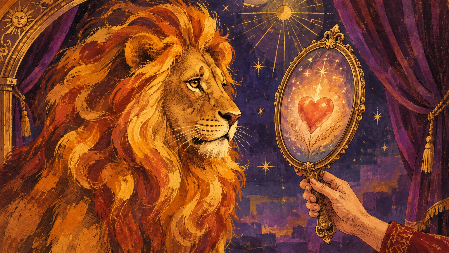 An illustrated lion looks into a gold hand mirror held before it, reflecting a glowing heart against a starry backdrop.