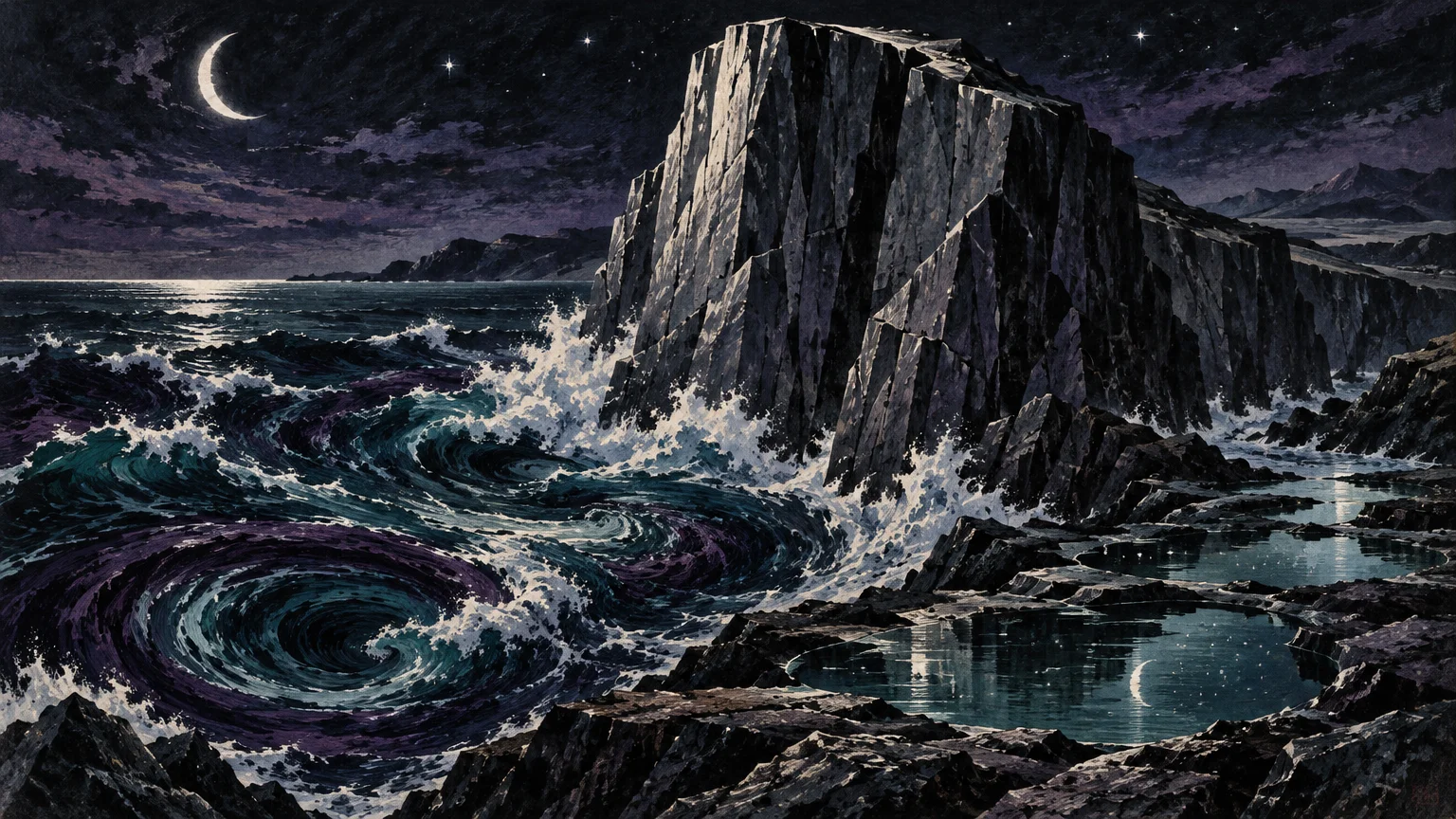 Illustration of massive rocky cliffs standing firm against turbulent ocean whirlpools and waves under a crescent moon.