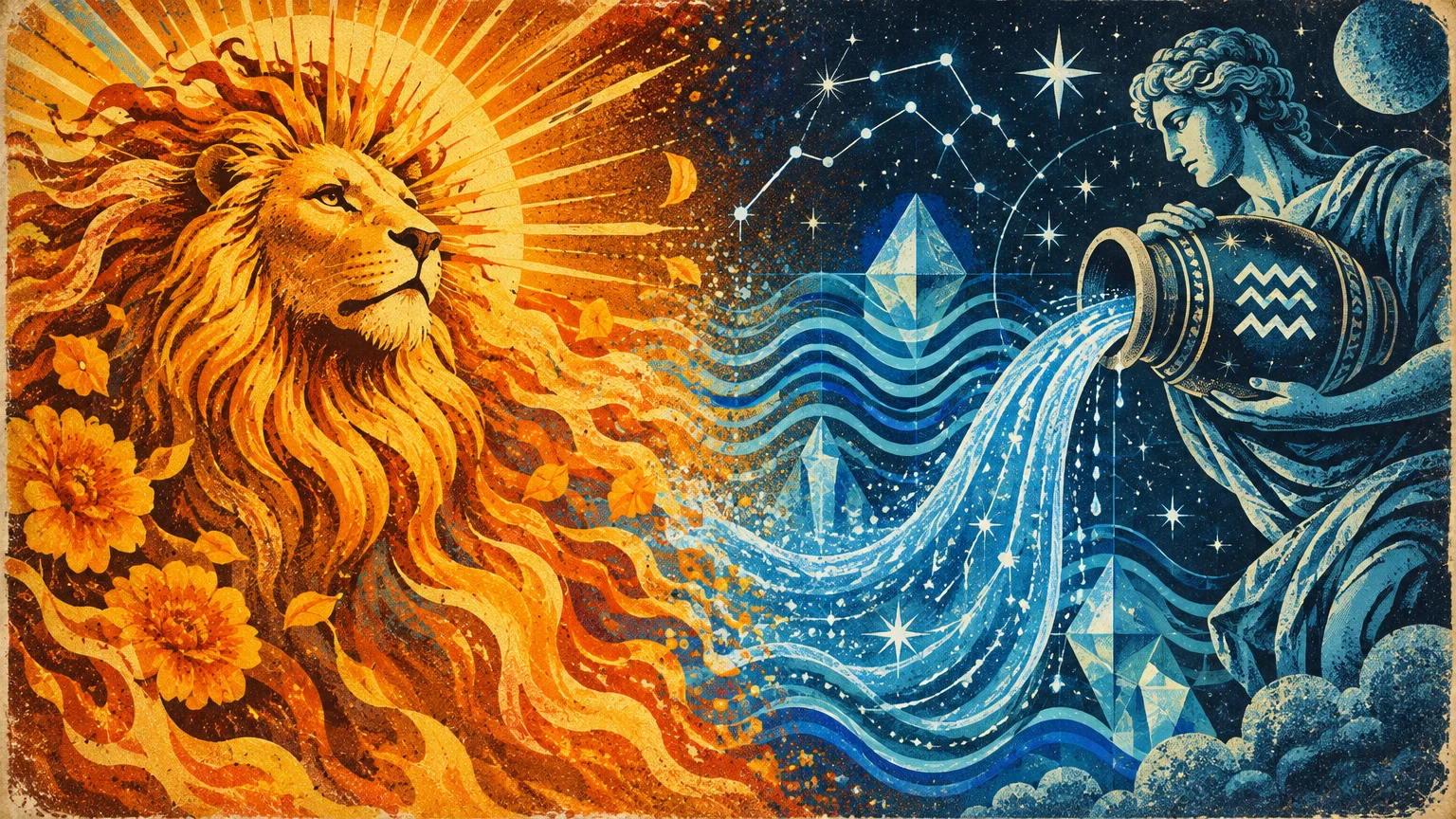 Split illustration of a fiery lion facing the sun and an Aquarius figure pouring blue water among starry constellations.