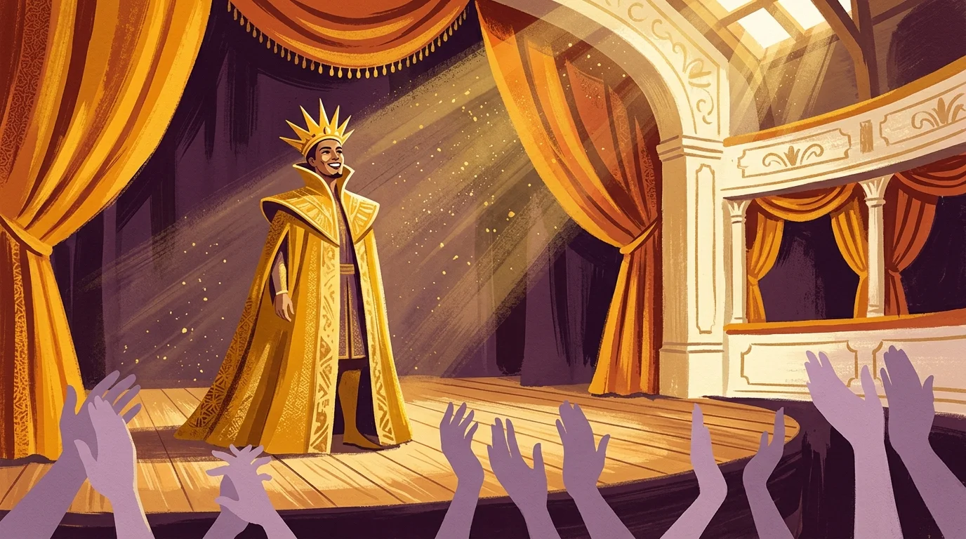 Illustration of a crowned king in a gold robe on a theater stage in a spotlight, with audience hands applauding.