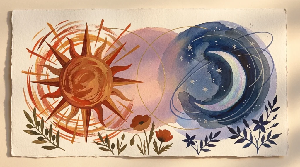 Gouache illustration of a radiant orange sun and a starry blue crescent moon linked by overlapping circles and botanical stems.
