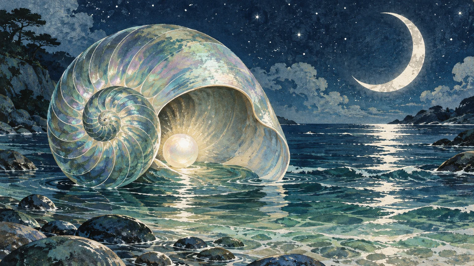 Giant iridescent nautilus shell holding a glowing pearl in shallow ocean water under a crescent moon and starry sky.