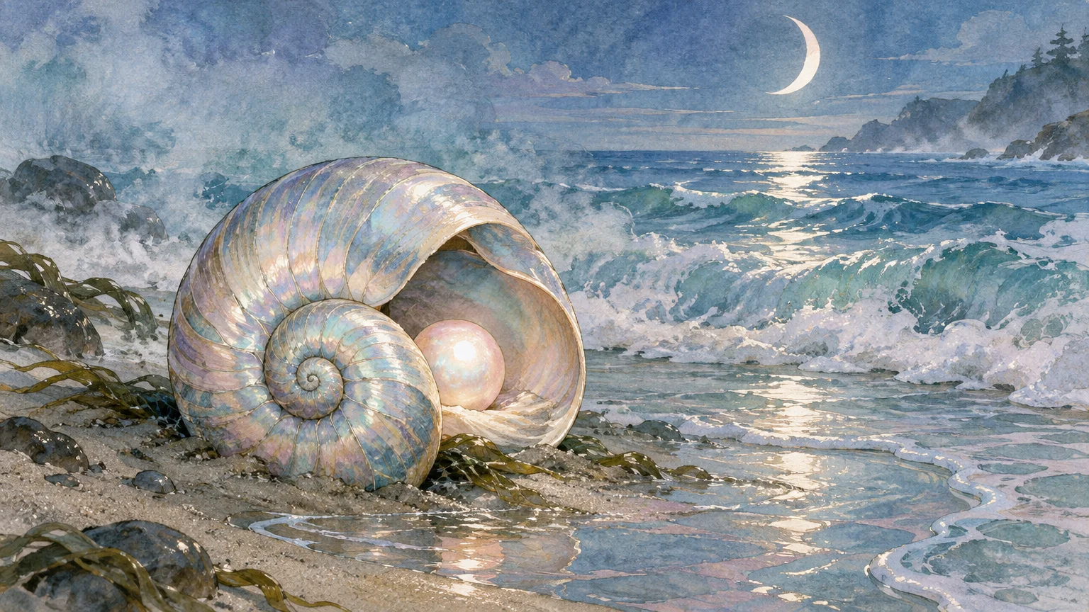 Watercolor illustration of a glowing pearl inside a spiral seashell on a sandy beach beside ocean waves under a crescent moon.