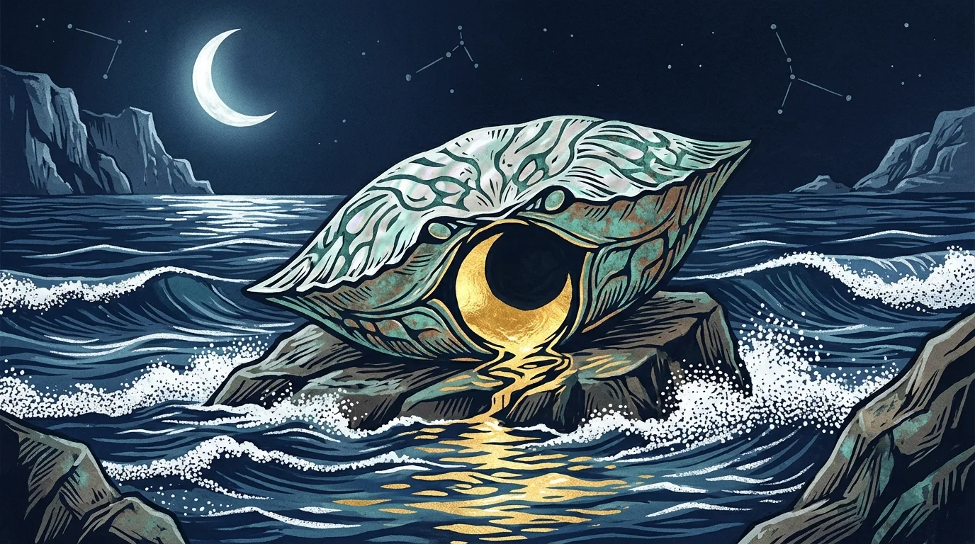 A seashell shaped like an eye with a glowing gold center rests on ocean rocks beneath a crescent moon at night.