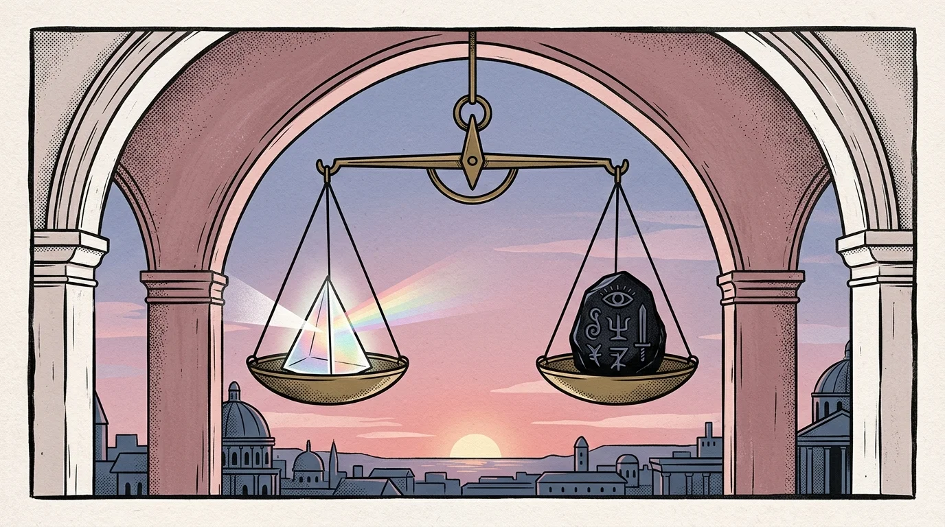 Hanging balance scale holding a glowing glass prism on one side and an engraved black stone on the other under an arch.