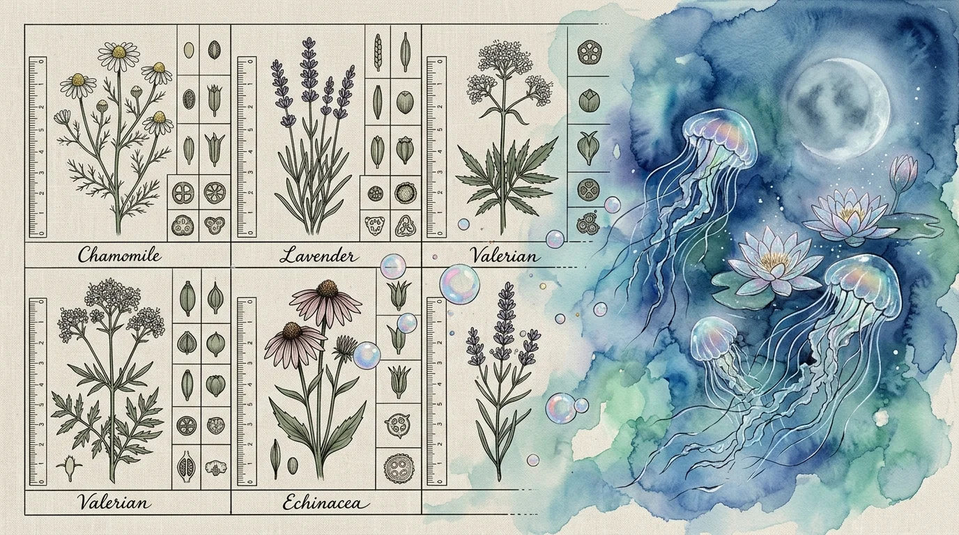 Botanical illustration charts beside a blue watercolor scene of luminous jellyfish, water lilies, and a crescent moon.