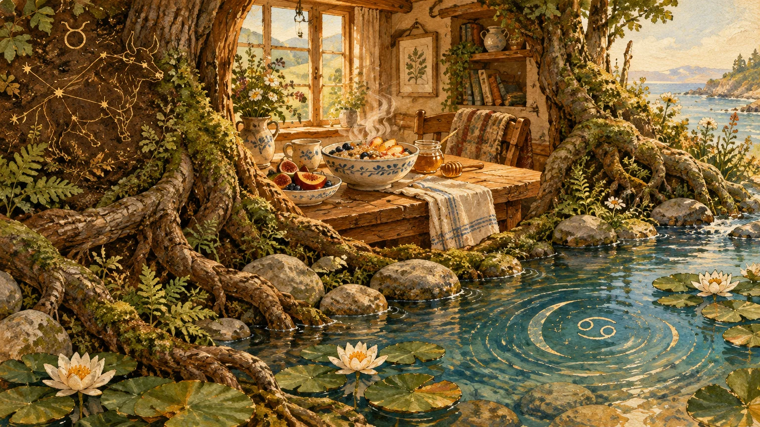 Illustration of a cozy rustic cottage blending into tree roots, with Taurus constellation and Cancer zodiac pond ripples.