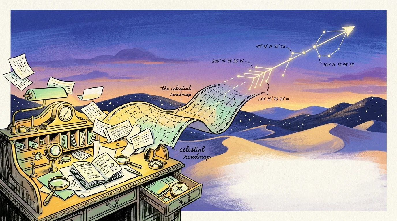 Rolltop desk outdoors where an unfolding star chart transforms into a glowing celestial arrow flying over sand dunes.
