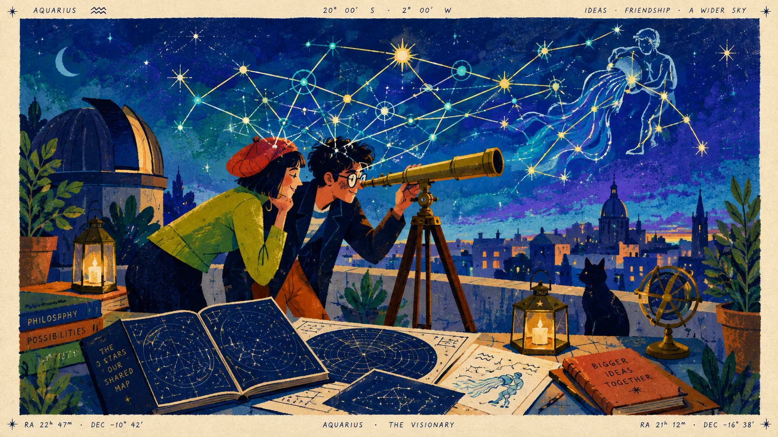 Illustration of two stargazers on a rooftop looking through a telescope at a glowing Aquarius constellation in the night sky.