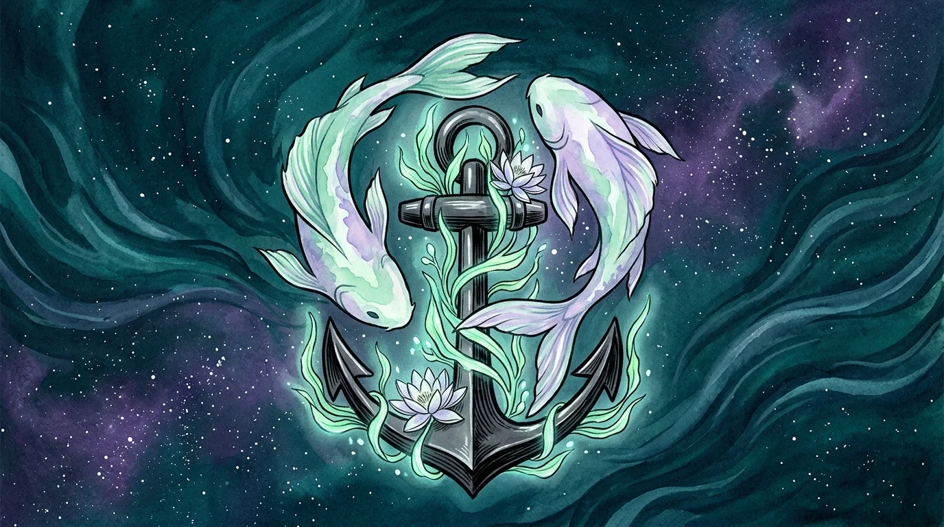 Illustration of two Pisces fish swimming in a circle around an anchor intertwined with glowing seaweed and water lilies.