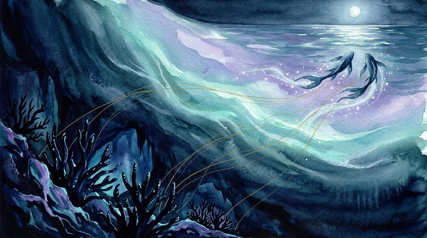 Watercolor painting of two fish swimming toward a glowing moon above dark ocean depths and coral reefs.