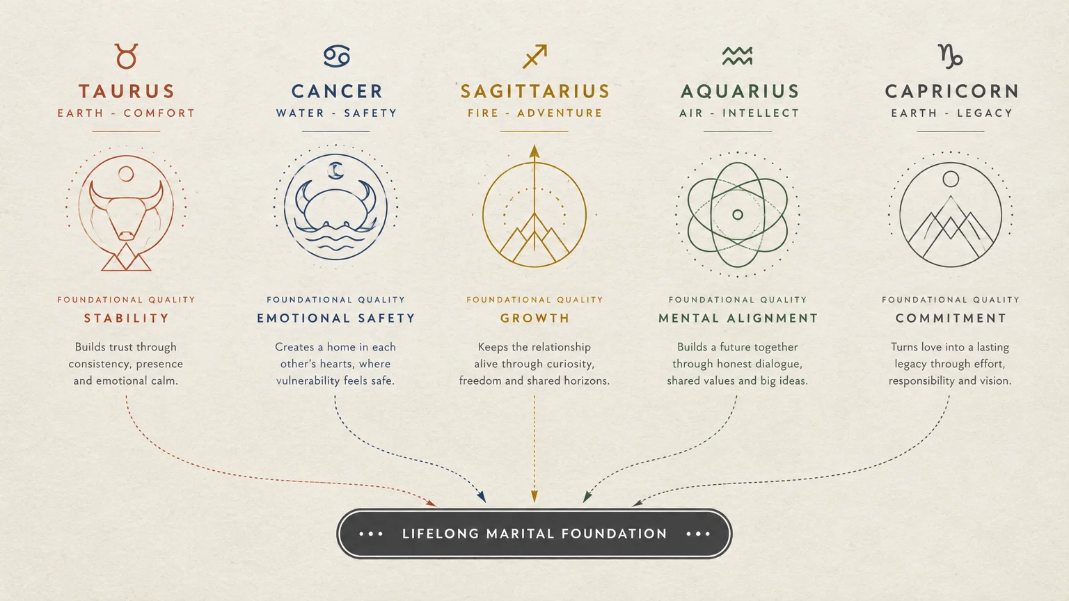 Diagram connecting Taurus, Cancer, Sagittarius, Aquarius, and Capricorn traits down into a lifelong marital foundation.