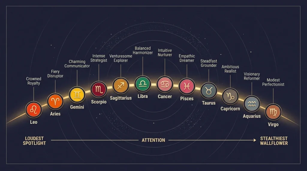 Zodiac ranking infographic showing twelve astrological signs ordered along an arc from loudest spotlight to stealthiest wallflower.